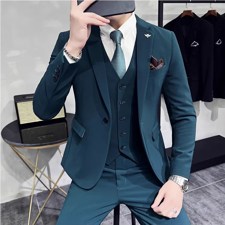 Bonsir (Jacket +Vest+Pants) New Mens Wedding Suits Groom Solid Color Formal Office Business Slim Fit Suit Tuxedos 3-Pieces Set