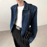 Bonsir Mens Autumn College Style Simple Y2k Niche Short Denim Jacket Fashion Youth Trend Retro Washed Shoulder Pad Cardigan Jacket Men