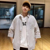 BONSIR  -  Fashion Casual Streetwear Loose Striped Handsome Three Quarter SleeveTurn-down Collar Button Summer Korean Men's Clothing Man