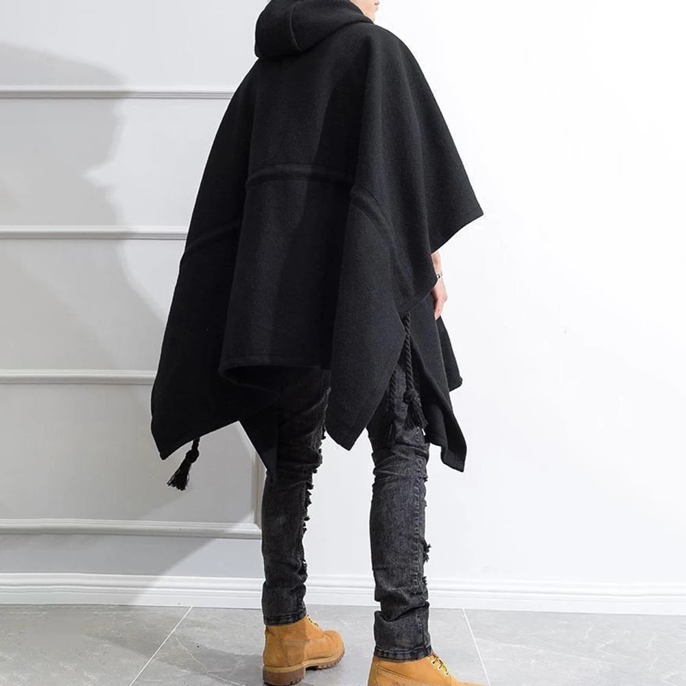 Bonsir Mens Dark Style Mid-Length Casual Hooded Cape Autumn And Winter Genderless Fashion Retro Loose Solid Color Shawl Cape Unisex