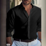 BONSIR  -  Autumn Winter Men Long Sleeve Wedding Blouse Men's Lapel Beach Vacation Holiday Top Man Solid Color Single-Breasted Office Shirt