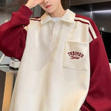 BONSIR  -  Spring Autumn American Sweatshirts Youthful Vitality Loose Men's Clothing Casual Lapel Button Stylish Contrasting Colors Hoodies