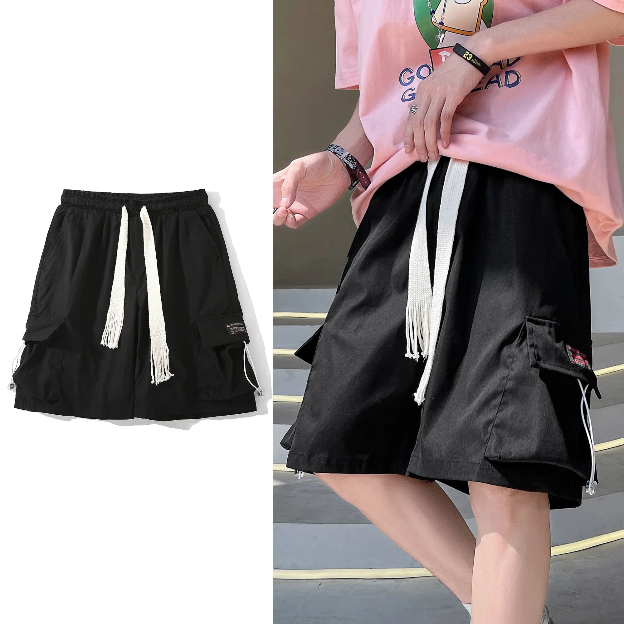 Bonsir Summer Mens Cargo Shorts Black Pocket Japanese Fashion Streetwear Hip Hop Short Pants