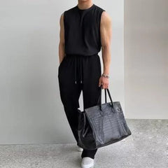 Bonsir Men Clothing Summer New Men's Ice Silk Sleeveless Tank Top Trousers Set Thin Loose Casual Daily Two Pieces Stylish Sets