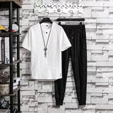 BONSIR  -  Summer New Loose Two Piece Set Men's Short-sleeved T-shirt Drawstring Pants Korean Wrinkle Sports Casual Suit Trend Men Clothes