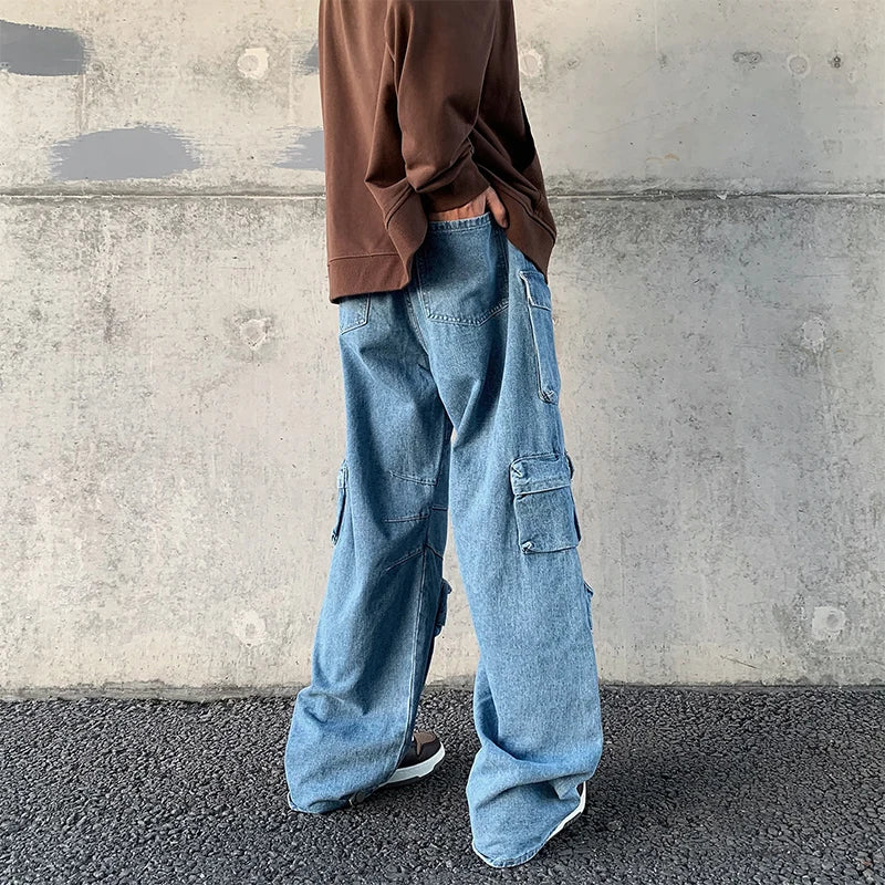 Bonsir Men's Cargo Multi-pockets Tooling Jeans New Women's  Vintage Loose Wide Leg Pants Streetwear Casual Hip-hop Mopping Trousers