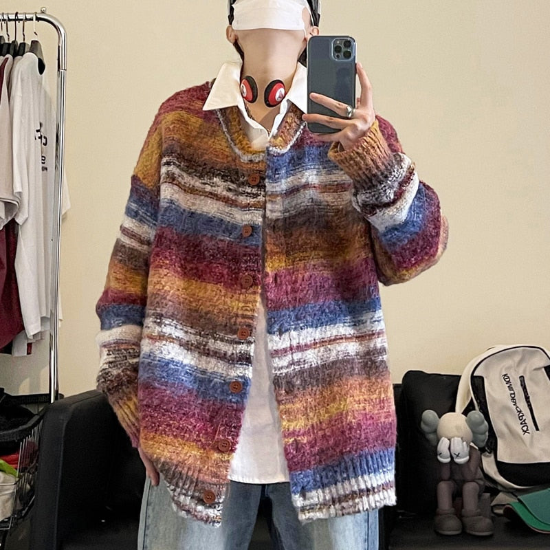 Bonsir New Retro Striped Tie-dye Contrast Color Knitted Sweater Couple Sweater Cardigan winter Trend Korean style Loose Men's Coat