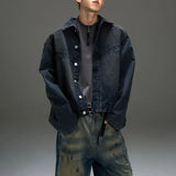 Bonsir Mens Denim Jacket American Retro Stitching Classic Denim Outwear Japanese Style Trendy Streetwear Loose Fit Couple Casual Tops