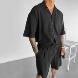 BONSIR  -  Summer New Casual Men's Suits Pocket Design Loose Vintage Turn-down Collar Short Sleeve Shirt and Shorts Men Two Piece Set
