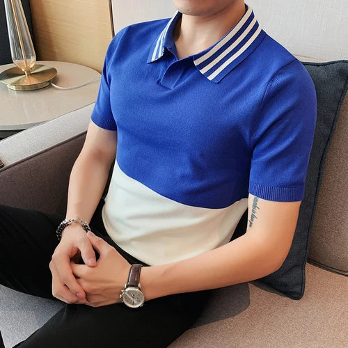 Bonsir Summer V-Neck Spliced Knitted Polo Shirts Men High Quality Short Sleeve Ice Silk Elasticity Casual Lapel Tee Tops 3XL-M