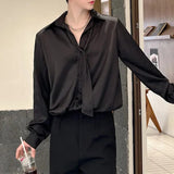 Bonsir Mens Shirt Y2k Glossy Satin Tie Design Shirt Autumn Streetwear Fashion Campus Performance Casual Long Sleeve Tops Men'S Clothing