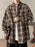 BONSIR  -  Brown Retroplaidshirtlong Sleeveshong Kong Styleclassy Japanese StyleJuku Style Loosetopscasual Shirtoutwear