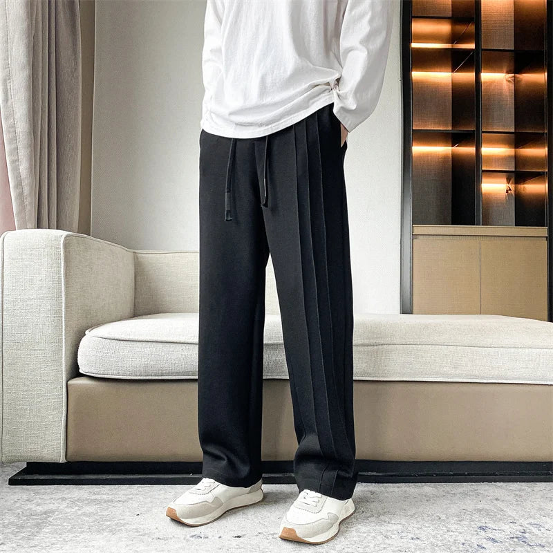 BONSIR  -  Mens Casual Long Straight Pants Solid Wide Leg Stretch Waist Sweatpants Side Stitching Waterfall Trousers Male Black White