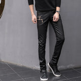 Bonsir New Riding Leather Pant Fashion Zipper Desgin Slim Fit Faux Leather Pants High Quality Men Casual Skinny Pants Streetwear