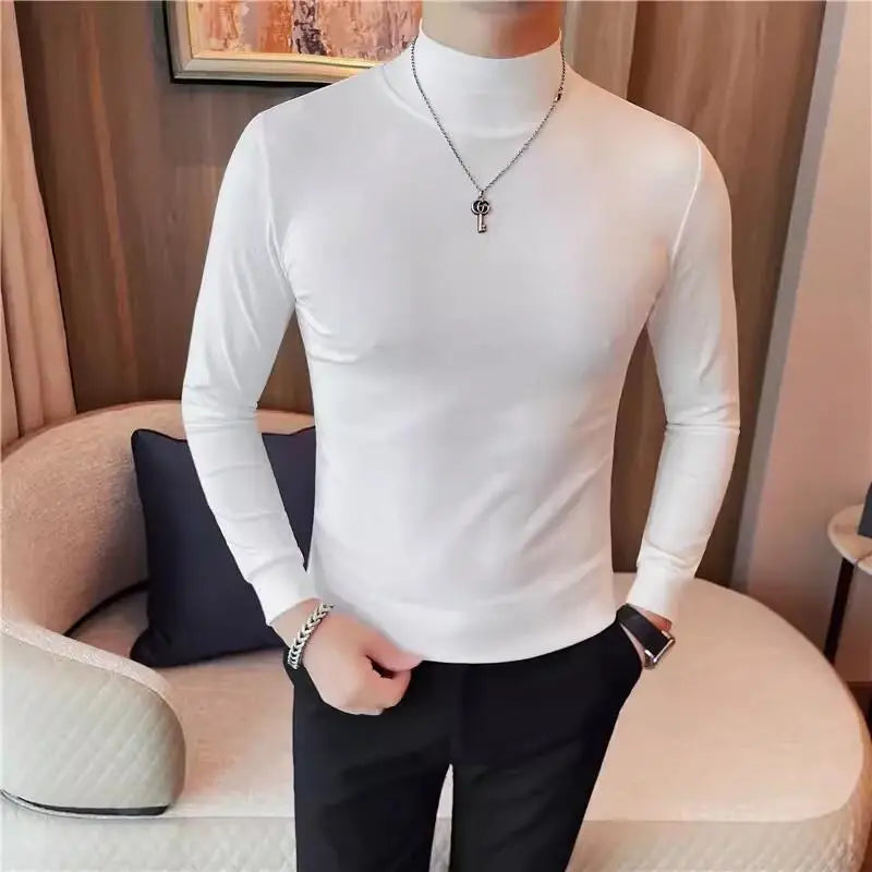 Bonsir 7 Colors Autumn Winter Half High Neck Long Sleeve T Shirts  Men Solid Color Slim Fit Casual Elastic Warm Versatile Tee Shirt 4XL