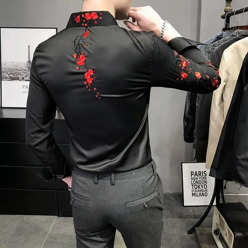 Bonsir Spring Slim Floral Embroidery Long-sleeved Men's Shirts Harajuku Y2K Korean Casual Fashion Trend POLO Collar Tops Male Clothes