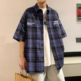 BONSIR  -  Y2k Streetwear Striped Plaid Shirt Men Single-breasted Square Collar Shirts Summer Fashion Casual Camisa Men Chemise Tshirt