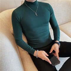 Bonsir 7 Colors Autumn Winter Half High Neck Long Sleeve T Shirts  Men Solid Color Slim Fit Casual Elastic Warm Versatile Tee Shirt 4XL