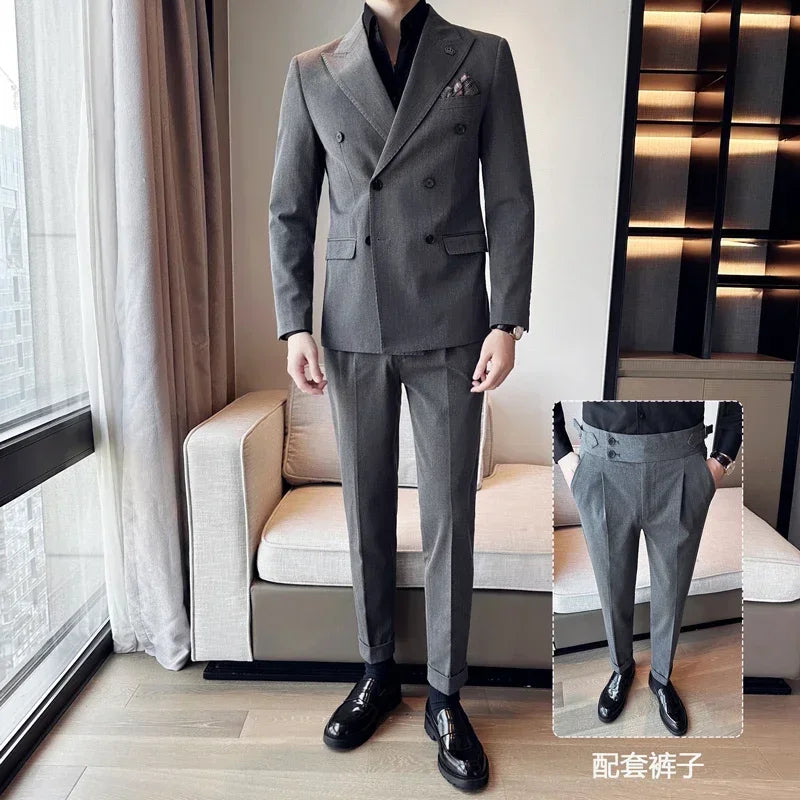 Bonsir (Jackets+Pants) Luxury Double Breasted Design Slim Fit Suit High Quality Fashion Men's Wedding Social Suit Tuxedo 2 Piece Set