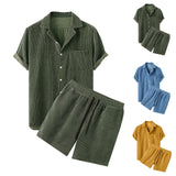 BONSIR  -  Men's Summer High End Solid Color Corduroy Set Short-sleeved Cardigan and Shorts Casual Comfy Sports Outfit