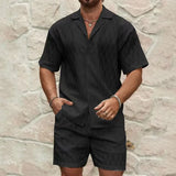 BONSIR  -  New Summer Men's Casual Daily Outdoor Travel Solid Jacquard Lapel Short-sleeved Shirt Drawstring Shorts Two-piece Set