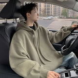 BONSIR  -  Autumn and winter trendy American plush loose comfortable sweatshirt for men American solid color heavy plush hooded sweatshirt