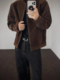 BONSIR  -  Coffee autumn velvet stand collar jacket men's American retro work jacket loose casual  top trendy