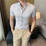 Bonsir Black / White Summer Men Short Sleeve Striped Shirts  High Quality Male Slim Fit Business Casual Shirt Formal Dress Blouse