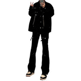 Bonsir American style pants high street black strap slightly flared jeans men's slim fit straight leg work pants