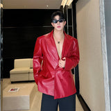 Bonsir Korean Style Lapel Men PU Leather Shoulder Pads Jacket Men Clothing Autumn Double Breasted Coats Simple Loose Tops