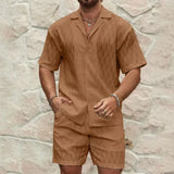 BONSIR  -  New Summer Men's Casual Daily Outdoor Travel Solid Jacquard Lapel Short-sleeved Shirt Drawstring Shorts Two-piece Set