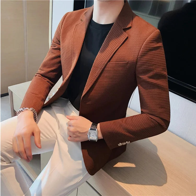 Bonsir Plus Size 4XL-M Autumn New Waffle Suit Jacket Men Two Buttons Slim Fit Business Casual Blazers Homme Formal Groom Prom Tuxedo