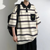 BONSIR  -  Summer Men's New Fashion Polo shirts Hong Kong Style Youthful Vitality Lapel Striped Button Pockets Half Sleeve Casual Tops