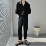 BONSIR  -  Pleated Sets Men Slim Fit Fashion Short sleeved Shirt/Pants Two Piece Men Korean Casual Set Mens Solid Color Dress Sets M-3XL