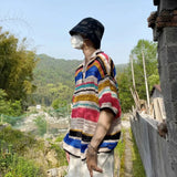 Bonsir Mens Rainbow Striped T-Shirt Daily Hollow Breathable Streetwear Personality Youth Versatile Tops Men'S Clothing 2024 Summer