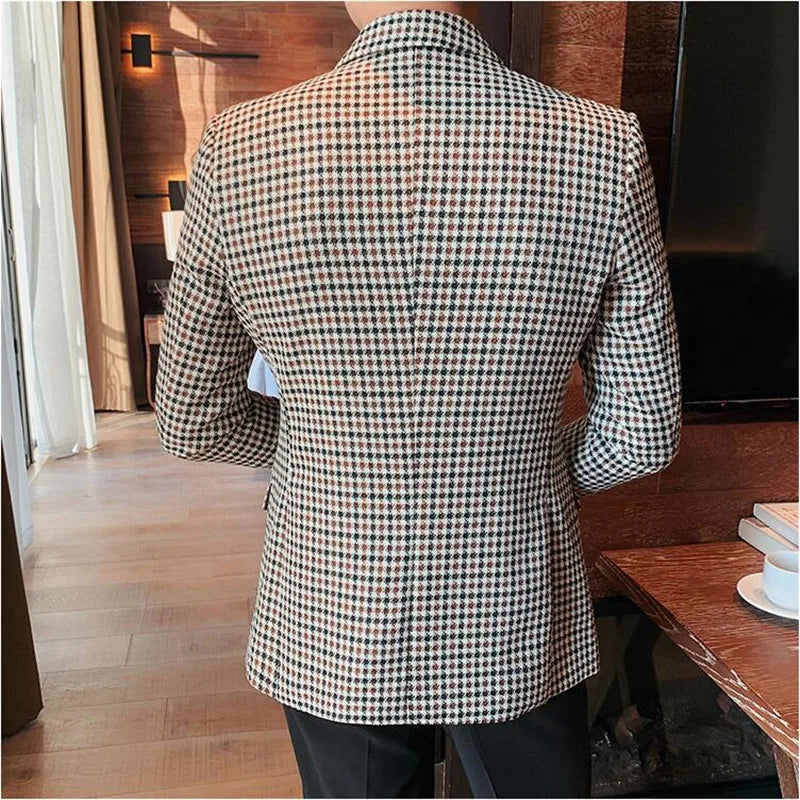 Bonsir British Style Mens Slim Fit Houndstooth Blazer Men New Simple Double Breasted Business Office Wedding Dress Suit Jacket