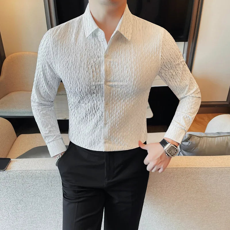 Bonsir Autumn New Striped Pleated Shirt Black White Long Sleeve Simple Slim Fit Casual Lapel Shirt Social Party Dress Men Clothing 4XL