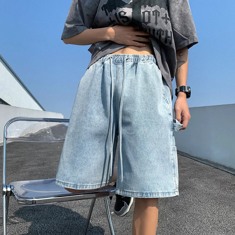 Bonsir Korean Style Summer Men's Blue Baggy Denim Shorts New Street Apparel Workwear Large Pocket Wide Leg Denim Shorts Blue