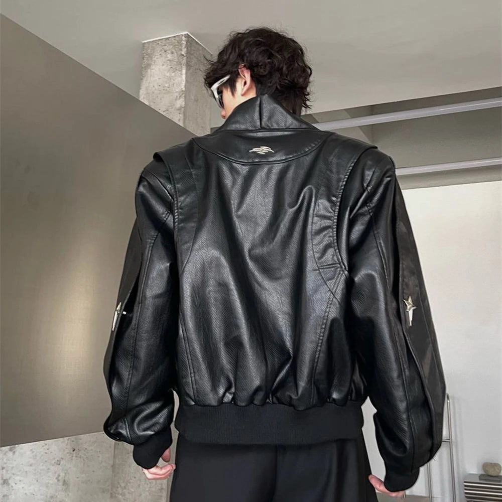 Bonsir Mens Solid Color Street Pu Leather Jacket Autumn Winter Genderless Fashion American Metal Star Decorated Biker Jacket Unisex