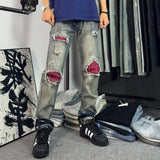 BONSIR  -  Summer New Men's Ripped Contrast Color Denim Pants Y2k Harajuku American Trend Retro Fashion Hip-hop Niche Loose Men Bottom