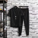 BONSIR  -  Summer New Loose Two Piece Set Men's Short-sleeved T-shirt Drawstring Pants Korean Wrinkle Sports Casual Suit Trend Men Clothes