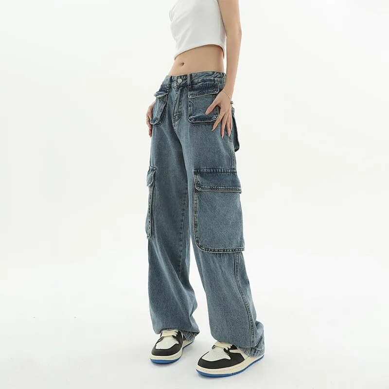 Bonsir Vintage Oversize Cargo Jeans Women Streetwear Fashion Wide Leg Pants Denim Elastic Waist Baggy New Straight Casual Trousers