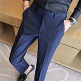Bonsir England Style Men's Casual Striped Suit Pants Stretch Business Casual Long Slim Fit Trousers Black Blue Pencil Pants for Man