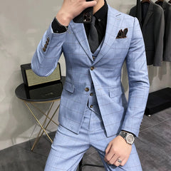 Bonsir (Jacket +Pants+Vest) Luxury Men Groom Wedding Tuxedo Fashion Plaid Slim Fit Suits Casual Business Social Dress 3 Piece Set