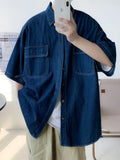 BONSIR  -  Summer Casual Denim ort Sve irt Men Versatile Trendy Waed Five Sve Workwear Jaet Loose Fit Multi ket Jeans