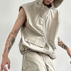 Bonsir Men Cargo Hooded Vest Summer Zipper Sleeveless Tops Male Korean Streetwear Hip Hop Unisex Hoodie Coat Fashion Waistcoat Jacket