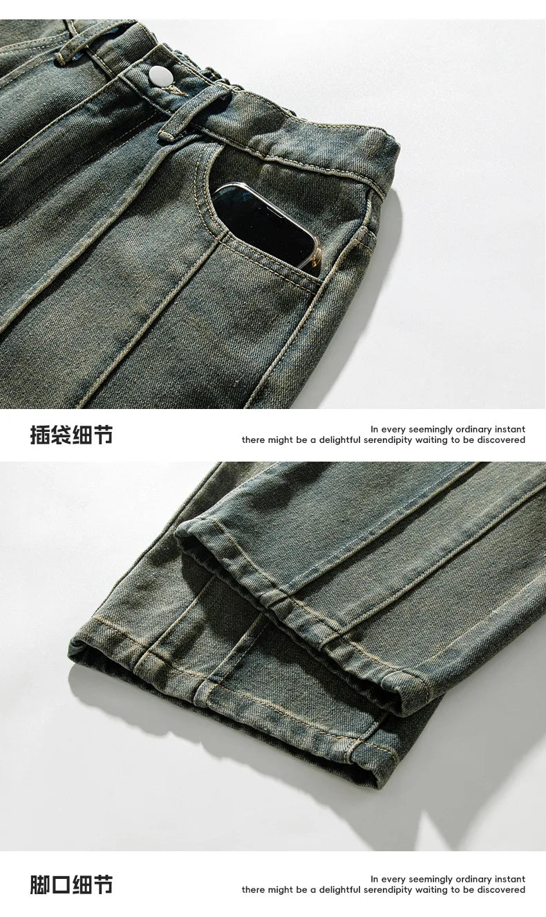 Bonsir Japanese Retro Washed Jeans Men's Autumn Winter Comfortable Stereoscopic Stitching Loose Trousers Slim