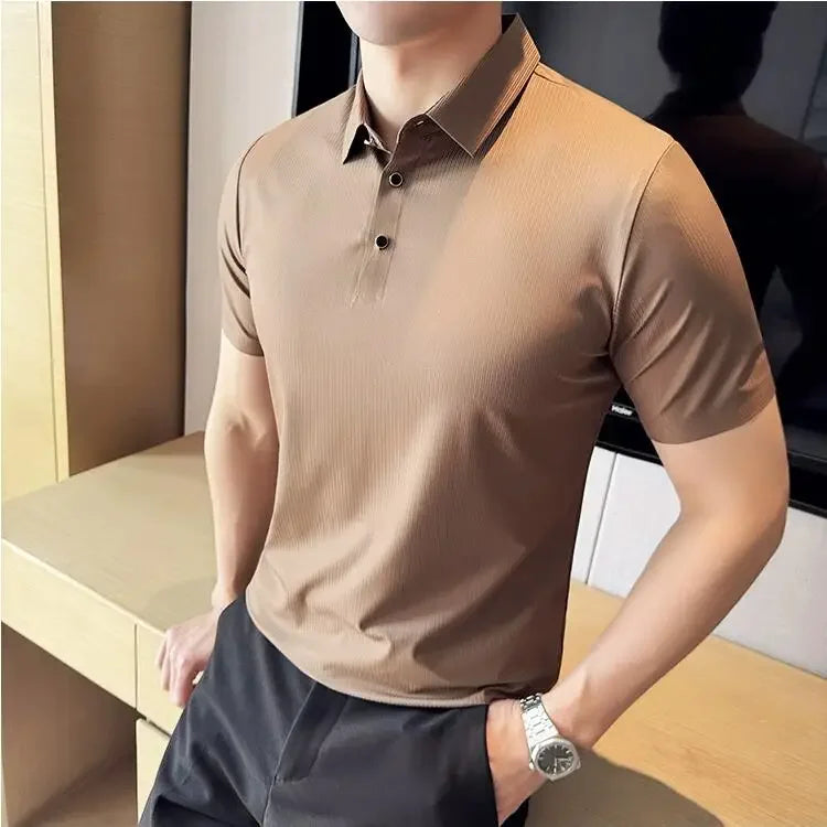 Bonsir Summer Ice Silk seamless Polo Shirts High Elastic Thin Dark Striped Short Sleeve Lapel Solid Color Tees Tops Streetwear 4XL