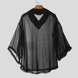 BONSIR  -  Men T Shirt Mesh Patchwork See Through V Neck Half Sleeve Male Tee Tops Streetwear Sexy Oversize Fashion Men Clothing
