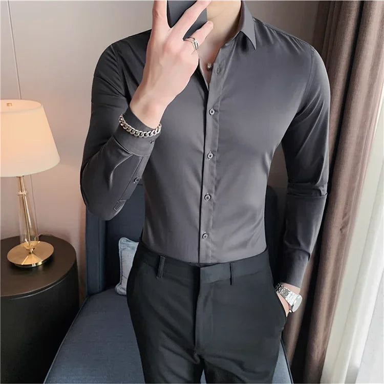 Bonsir 9 Colors High Quality Men Shirt Autumn New Long Sleeve Solid Business Slim Fit Shirts Homme Dress Social Casual Shirt 4XL-M